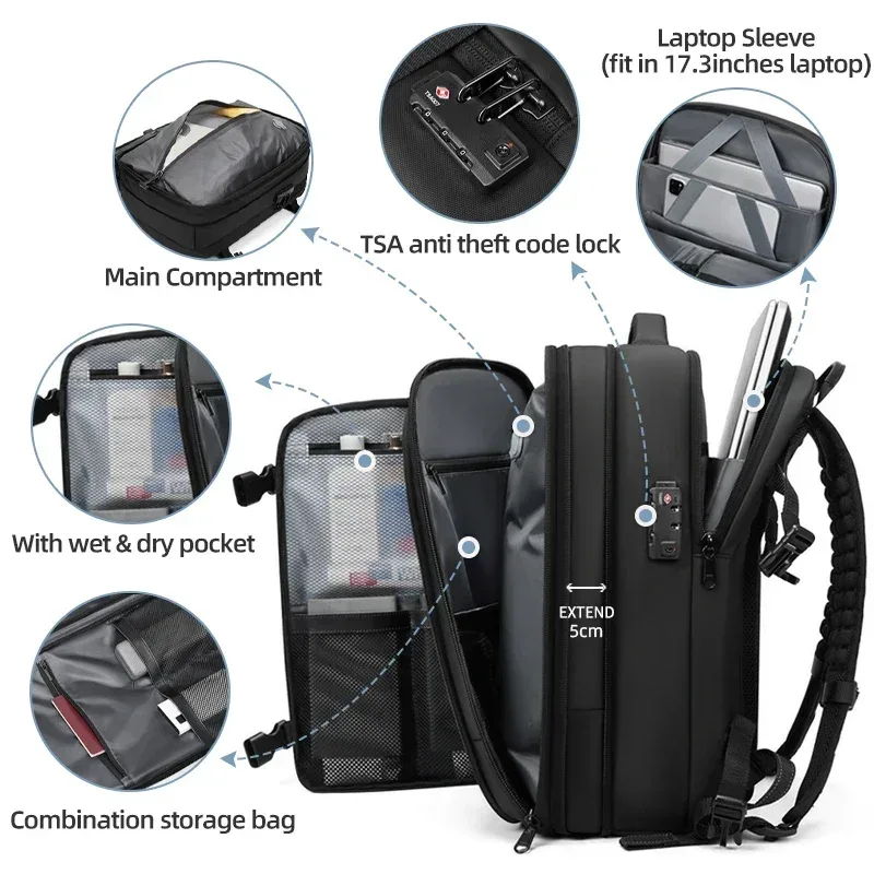 sac à dos de voyage pour hommes, sac à dos pour ordinateur portable avec compression sous vide, 17 pouces, grande capacité, sac à dos scolaire, sac à dos de randonnée, sac à dos d'affaires