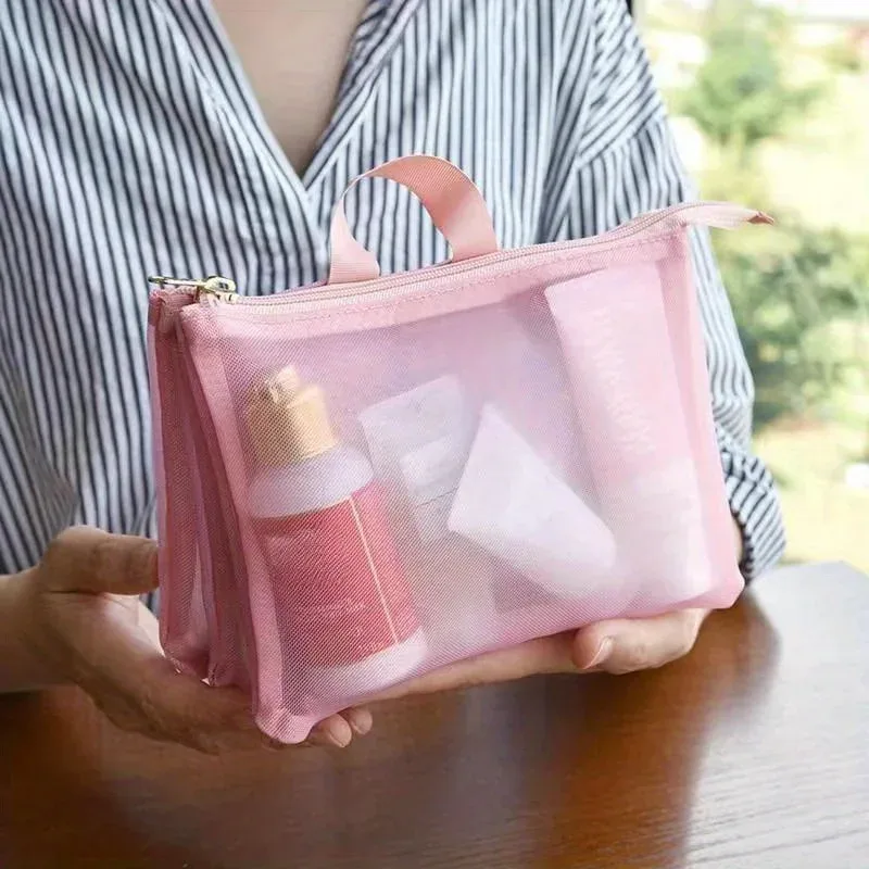 sac à cosmétiques transparent en maille à 3 couches de grande capacité, sac de rangement de voyage léger pour rouge à lèvres et articles de toilette, polyester durable, non imperméable, fermeture à glissière