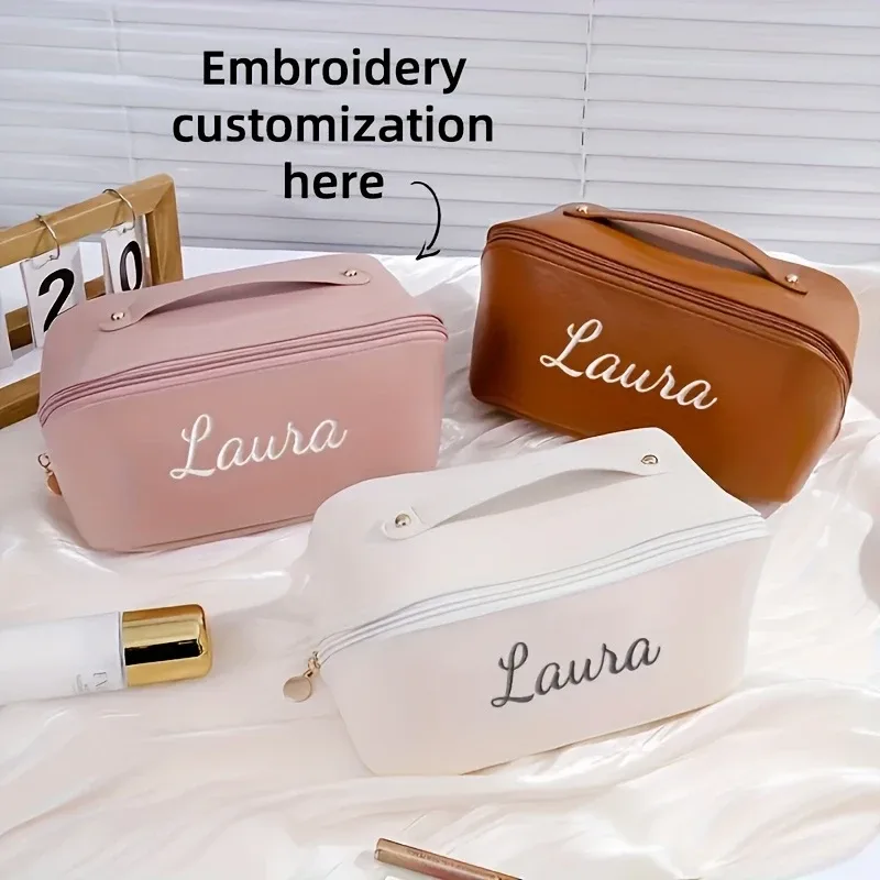 pochette de maquillage personnalisée avec nom brodé - organisateur de cosmétiques grande capacité avec fermeture à glissière et poignée supérieure