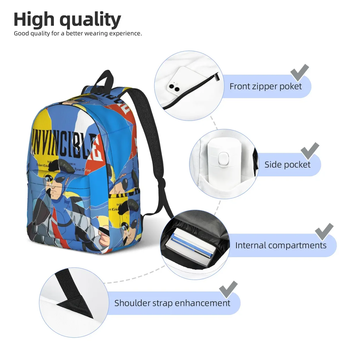 sac à dos invincibles comic pour hommes et femmes, sac à bandoulière pour ordinateur portable, durable, à la mode, pour lycée, randonnée, voyage