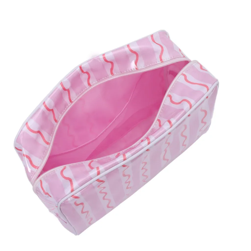 nouvelle trousse de maquillage rayée rose à fermeture éclair pour femme, grande pochette de toilette à motifs pour plage et voyage, sac de rangement transparent