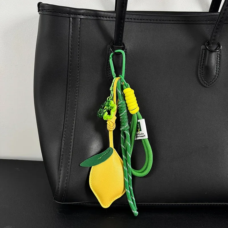 pendentif de sac à dos en cuir motif citron d'été, porte-clés en corde tressée en nylon, ornement décoratif