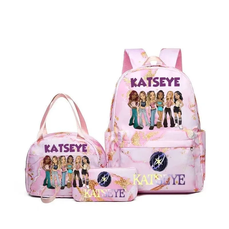 sac à dos grande capacité imprimé katseye amusant, léger, pour l'école, les voyages, décontracté, pour femmes et filles, avec compartiment pour stylos et sac à déjeuner