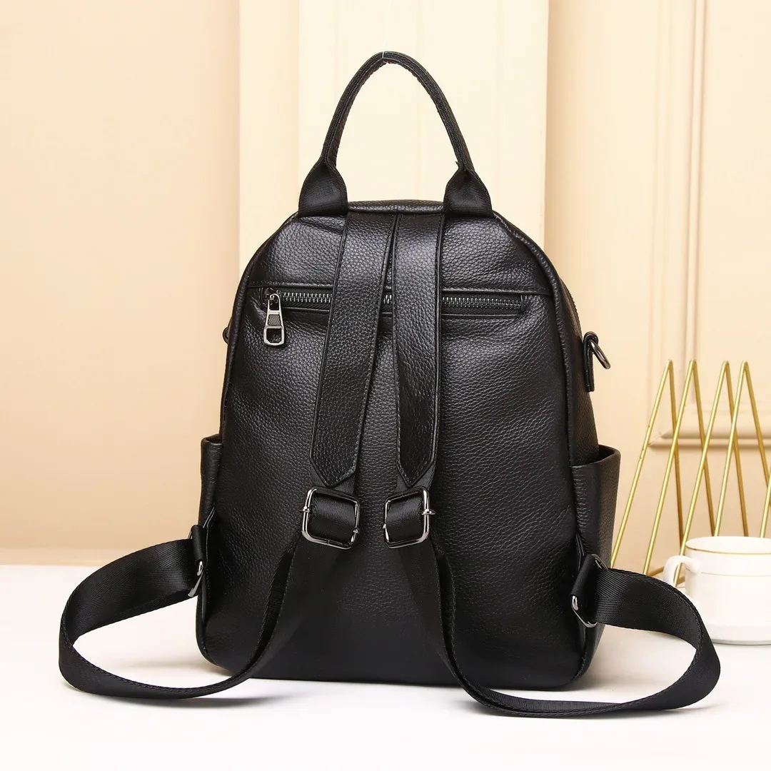 sac à dos en cuir véritable noir pour femme, sac à dos décontracté pour femme, antivol, sac de voyage initié, motif solide, sac à dos scolaire pour fille