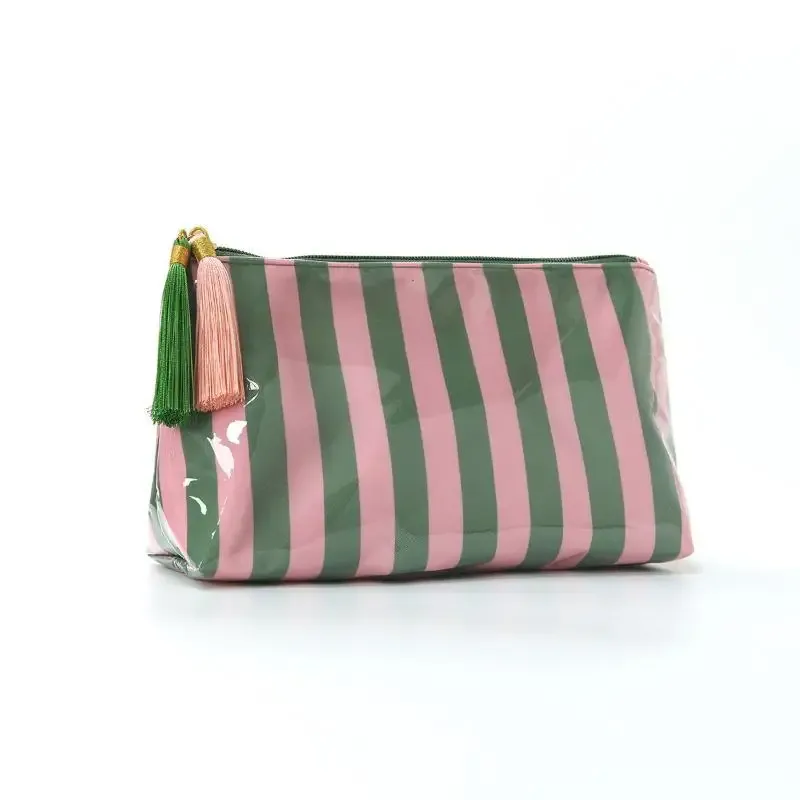 pochette cosmétique rayée en pvc avec franges et fermeture éclair, trousse de toilette imperméable pour voyage, étui pour pinceaux de maquillage