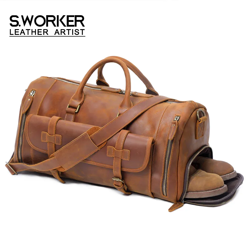 S.WORKER sac de voyage en cuir véritable classique Vintage sac polochon en cuir de vachette pleine fleur sac de week-end sacs de sport sac à main