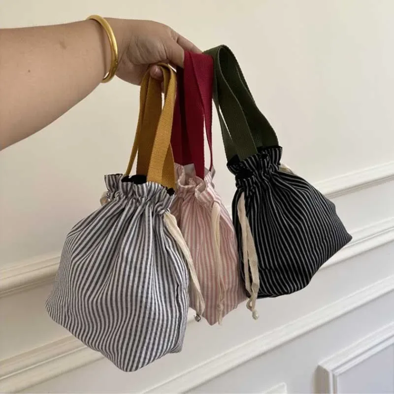 sac organisateur à cordon avec poignée supérieure, rayures, portable, porte-monnaie à main, pratique, réutilisable, pochette de voyage, pique-nique