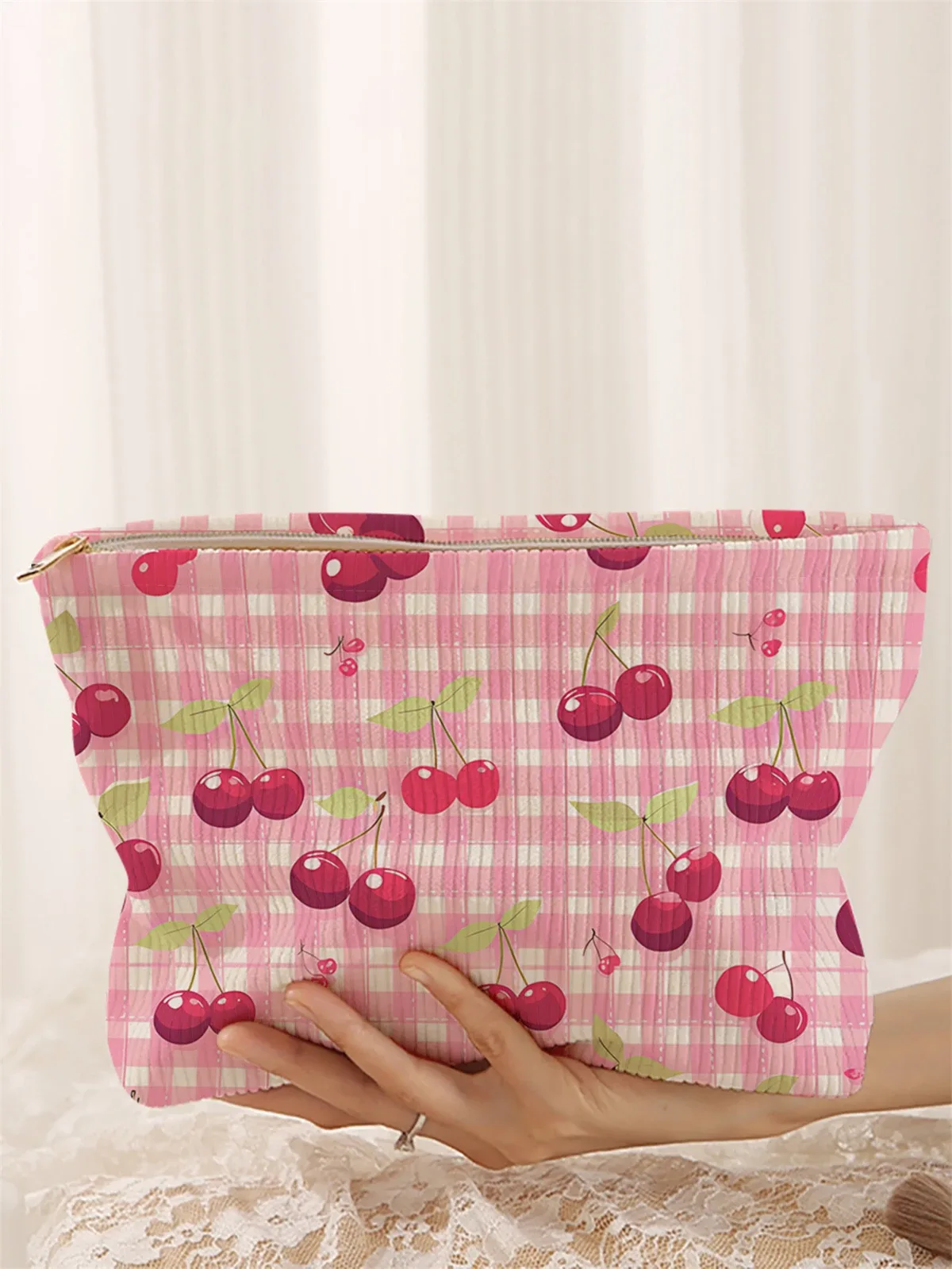 1 trousse de maquillage en velours côtelé à motifs cerises, boîte de rangement de maquillage légère à fermeture éclair, sac multifonctionnel avec doublure
