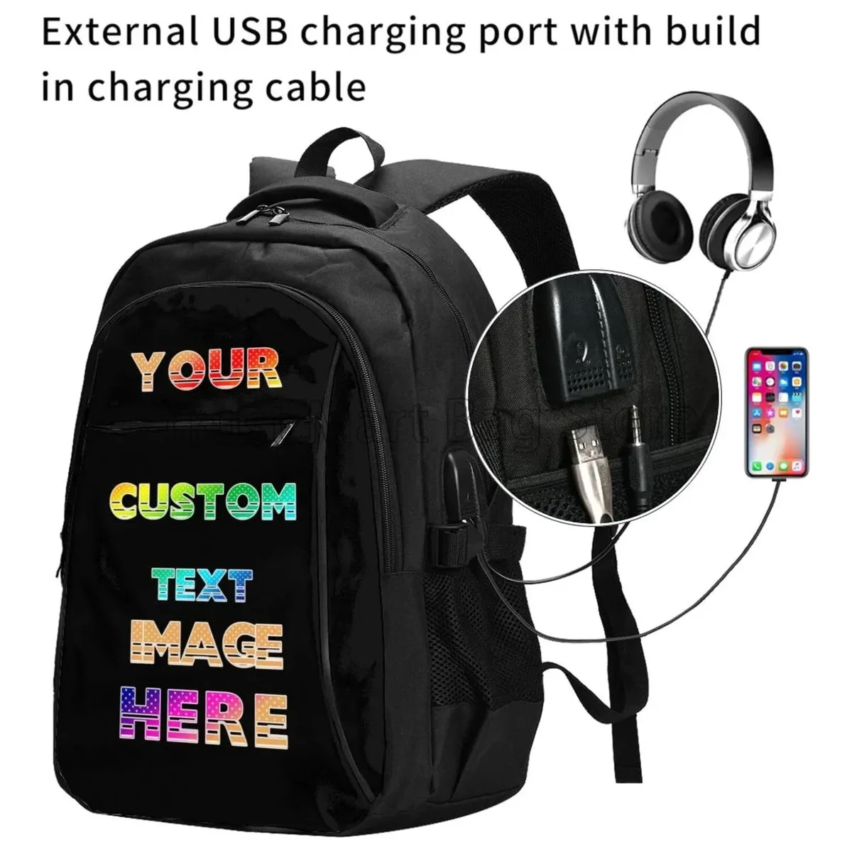 sac à dos de voyage personnalisé pour ordinateur portable, avec nom et photo, avec port usb, 18x13.4x8.3 pouces, pour homme et femme
