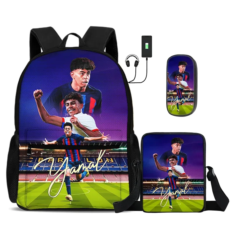 ensemble de 3 sacs à dos scolaires pour enfants avec sac à bandoulière et trousse à crayons, sac à dos l-lamin yamal avec interface usb