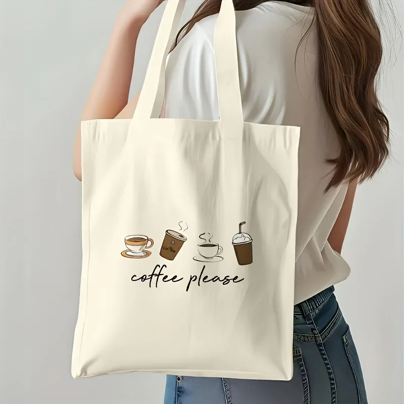un sac à bandoulière imprimé avec la mention « coffee please », motif de quatre tasses de café, impression minimaliste de latte, de tasses à emporter et de café glacé.