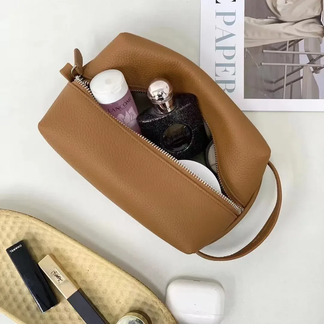 pochette de rangement de maquillage en cuir de vache à grain souple de haute qualité, sac à cosmétiques de sport portable pour poignée de voyage, sac de lavage