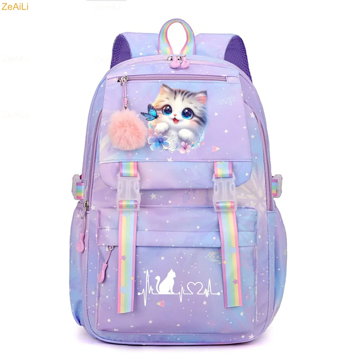 sac à dos pour femme, enfant, adolescent, motif chat noir mignon, fleur et papillon, idéal pour l'école