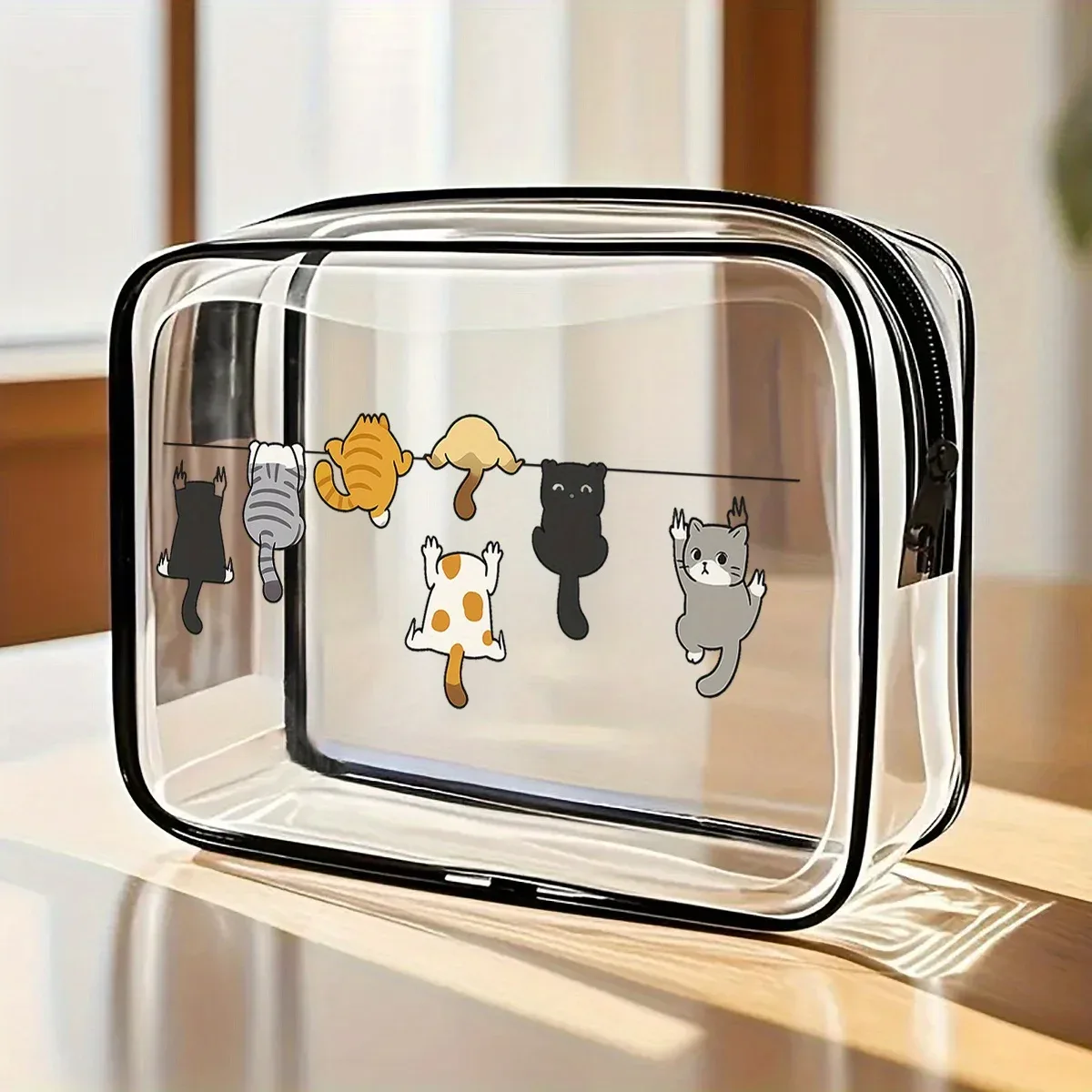 pochette de maquillage et organiseur de toilette portable en pvc transparent motif chat de dessin animé