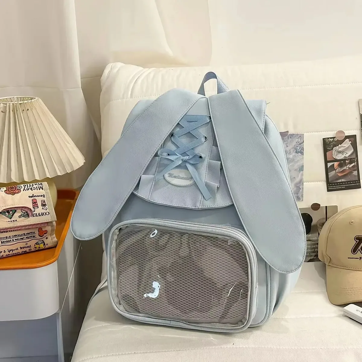 y2k bow oreille de lapin japonais ita sac à dos lolita fille sac transparent mignon haute capacité sac à dos style preppy sac à dos à volants