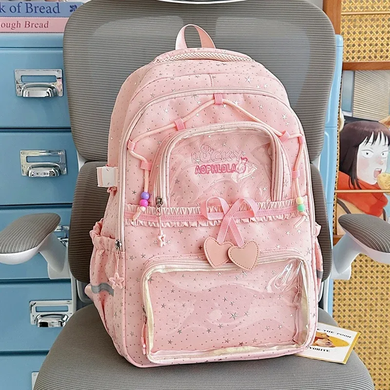 sac à dos pour femmes, sac de voyage multi-poches, joli sac d'école à rayures réfléchissantes avec nœud et étoiles pour adolescentes, sac à livres