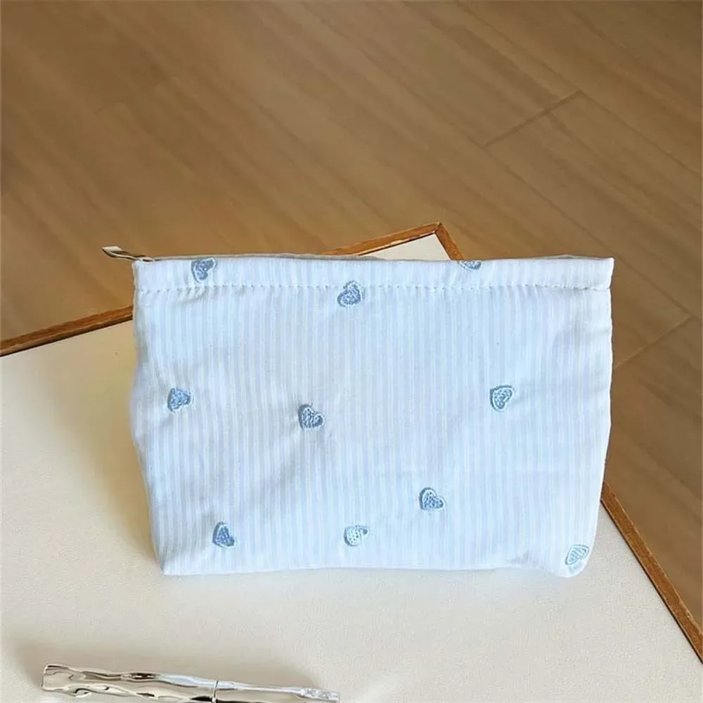 pochette à maquillage classique à rayures, motif brodé, fermeture éclair lisse, organiseur de cosmétiques, couleurs pastel, taille compacte, trousse de toilette