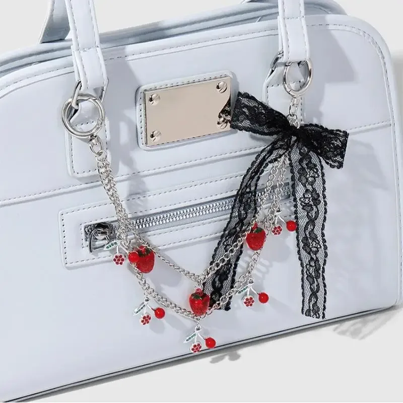 porte-clés en dentelle avec nœud cerise et fraise pour femmes, sacoche tendance, chaîne, pendentif de sac mignon, accessoires de décoration, cadeau