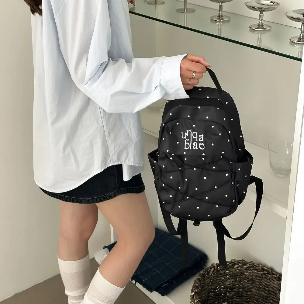 Sac à dos mignon à pois style Y2K Millennial en nylon avec cordon de serrage, durable, léger, pour étudiants et trajets quotidiens
