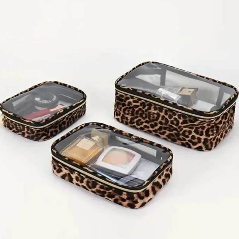 sacs de maquillage transparents imprimé léopard, 1/3 pièces, imperméables, grande capacité, organisateur de cosmétiques de voyage, sac de lavage portable transparent à fermeture éclair