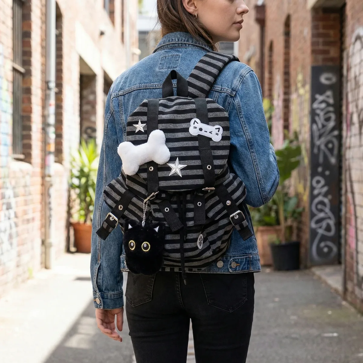 sac à dos rayé vintage grande capacité, sacs à dos décontractés à rayures, sacs à dos multi-poches, sac à dos mignon avec motif de chat, sacs à dos de voyage et de vacances