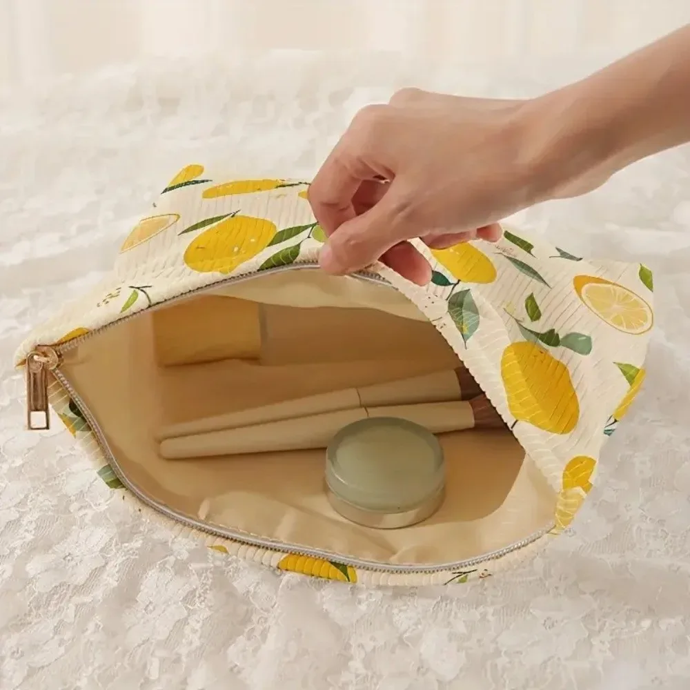 sac à cosmétiques portable citron jaune, style coréen avec fermeture éclair, pochette à cosmétiques, trousse de toilette en polyester pour voyage en plein air
