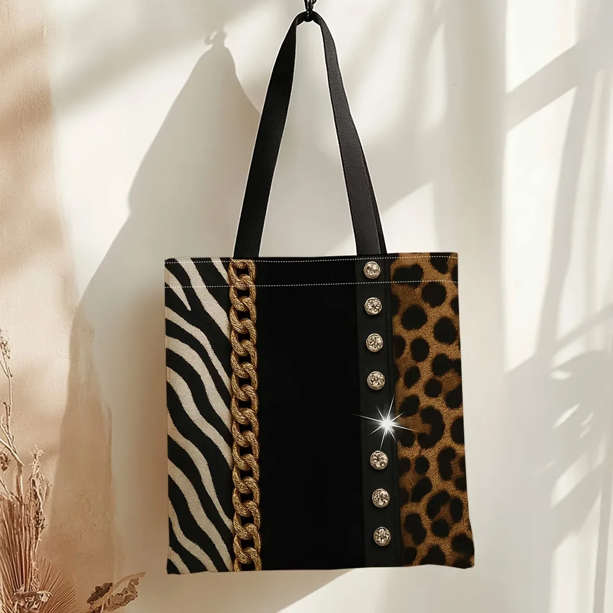 sac fourre-tout grande capacité durable avec chaîne dorée, imprimé léopard et zèbre, idéal pour les voyages, le shopping quotidien et les sorties printanières