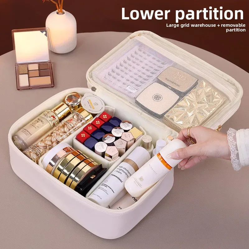 trousse de maquillage double couche en cuir pu, grande capacité, sac de voyage pour cosmétiques, pochette de toilette pour outils de beauté femme