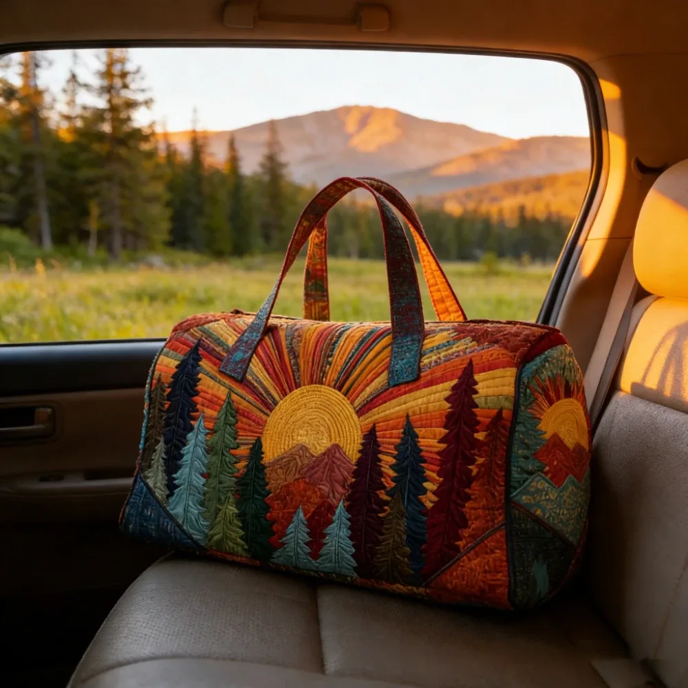 Sac de voyage Sun and Mountain Forest, artisanat de quilting fait main, unisexe, vintage, bohème, sac fourre-tout pour le week-end, camping, voyage en voiture, aventures en plein air