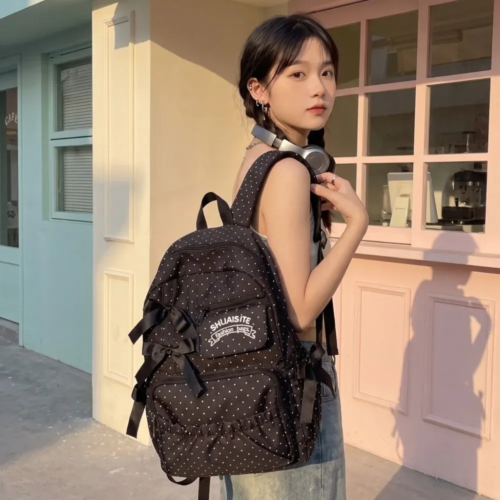 Sac à dos en nylon à pois avec nœud, grande capacité, multi-compartiments, fermeture éclair, doublure en polyester, sac à dos de voyage