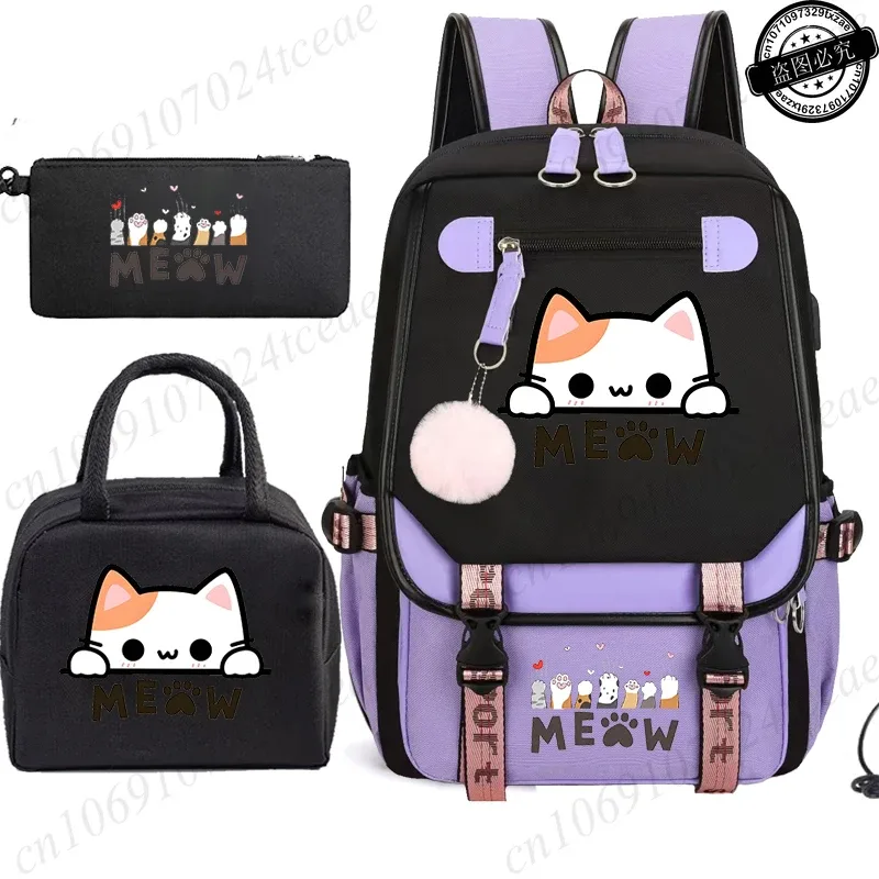 sac à dos scolaire pour adolescents, sac à dos quotidien pour étudiants, sac à dos pour filles, sac à dos scolaire à motif de chat noir, avec sac à lunch et trousse à crayons, 3 pièces/ensemble