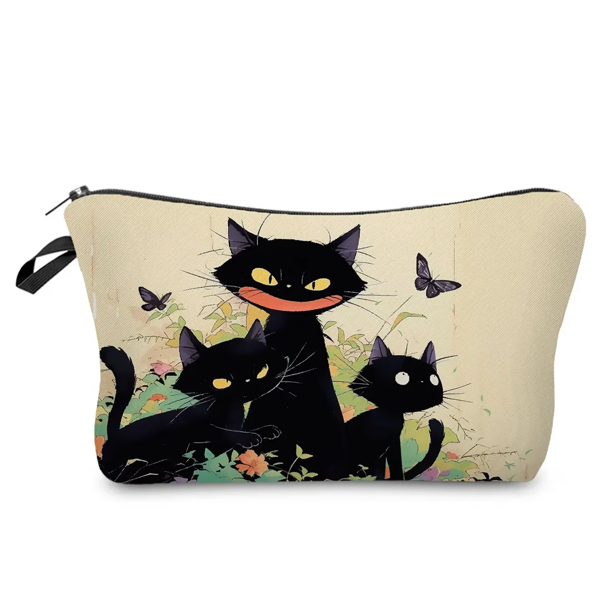 sacs de maquillage college chat noir pour femmes, sacs de rangement portables de voyage, impression d'animaux kawaii décontractés, sacs à cosmétiques double face avec fermeture éclair