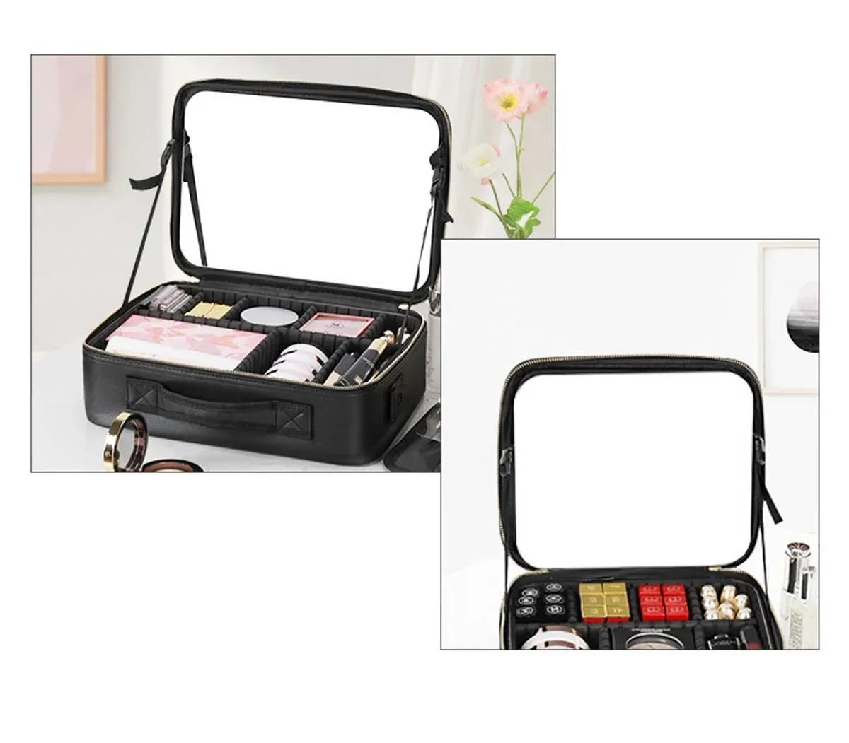 trousse de maquillage miroir plein écran pour femme, sac de rangement portable pour cosmétiques, soins de la peau, grande capacité, haut de gamme