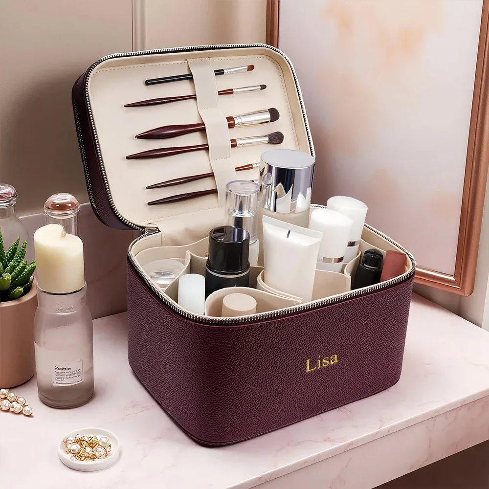 sac de maquillage professionnel portable à double couche personnalisé avec nom, trousse de soins de la peau, boîte de rangement pour produits de beauté, sac de maquillage multi-compartiments