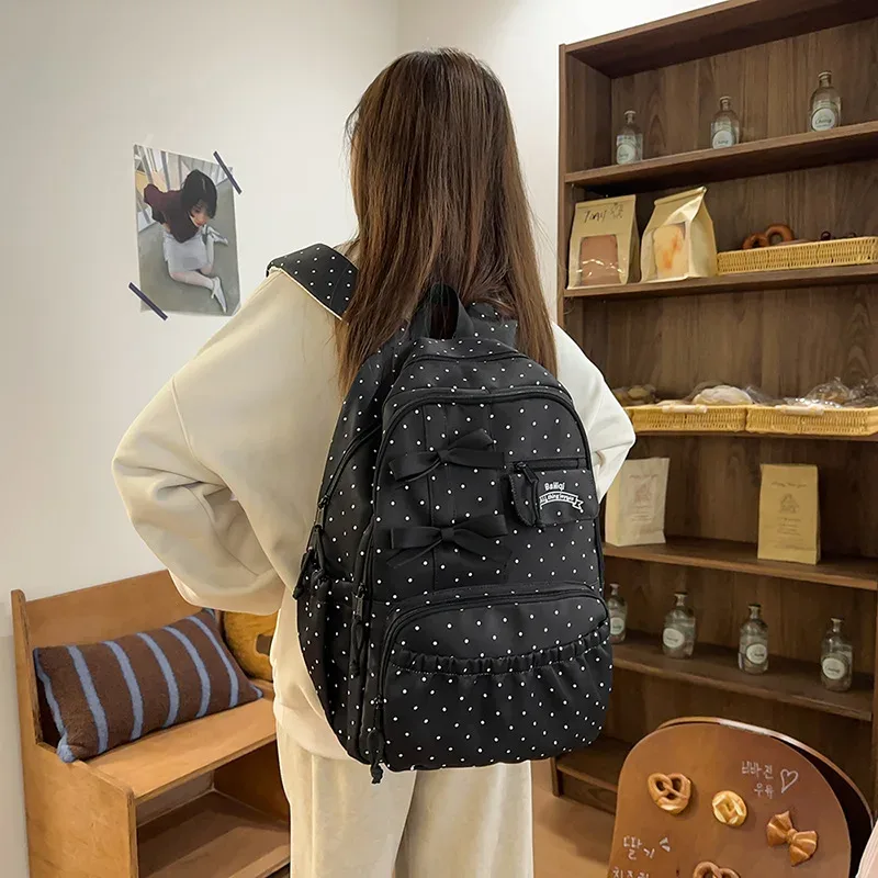 nouveau sac à dos pour filles à pois avec nœud, grande capacité, en nylon, pour étudiantes, multi-compartiments, antivol, pour ordinateur portable et voyage