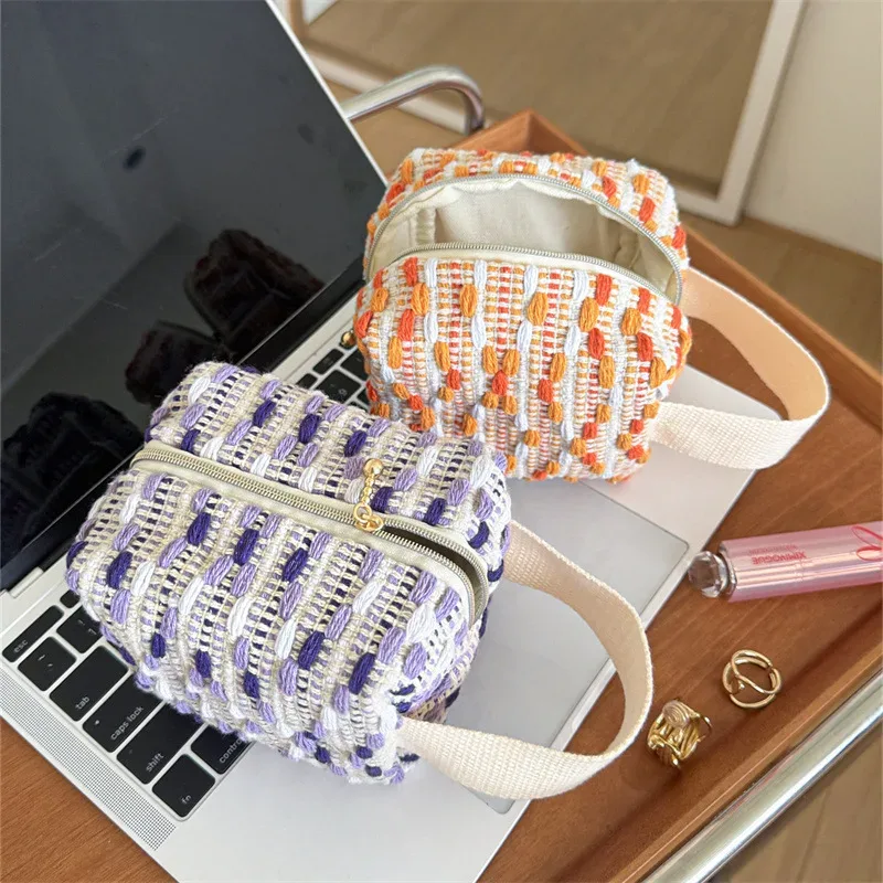 sac à main tissé rayé pour fille, petit sac cosmétique portable, sac de rangement de voyage, sac intérieur color-block pour sac de voyage