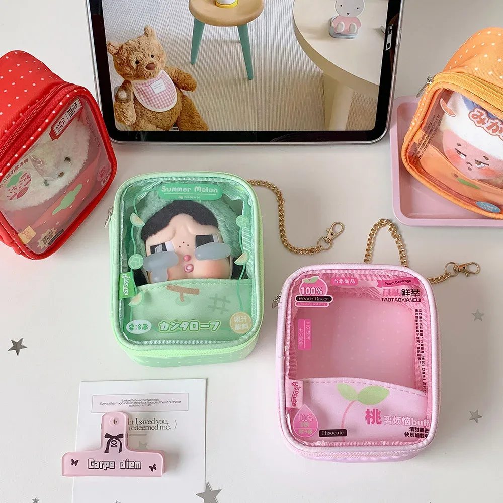 nouveau sac de rangement transparent carré à motifs de dessins animés et de fruits, pendentif décoratif pour sac à dos de filles, sac de présentation de figurines, cadeaux