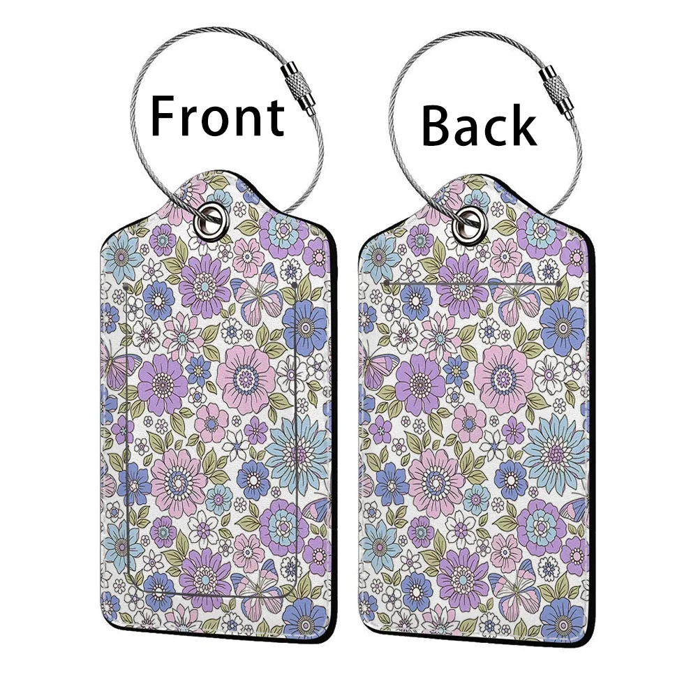 étiquette de bagage d'affaires en cuir imprimé de belles fleurs, étiquette d'adresse de valise, étui d'embarquement de bagages, clip d'adresse d'identification de nom
