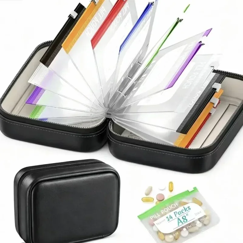 ensemble de sacs de voyage imperméables, 14 pochettes de rangement réutilisables avec fermeture éclair et étui compact, organisateur anti-fuite pour compléments alimentaires quotidiens