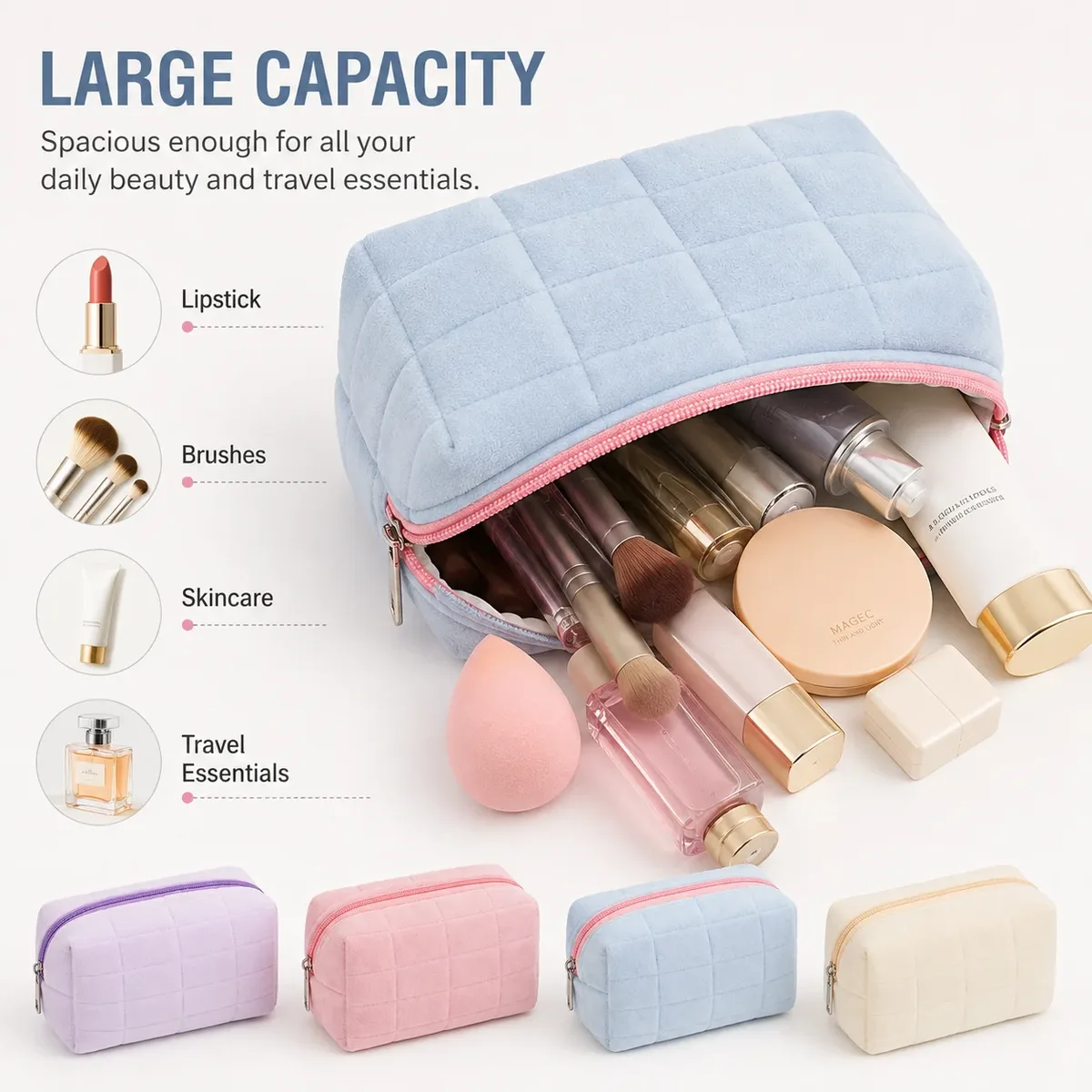 sac de maquillage matelassé en peluche douce, grande capacité, pochette cosmétique portable à fermeture éclair, sac de rangement pour articles de toilette et de soin de la peau pour voyage.