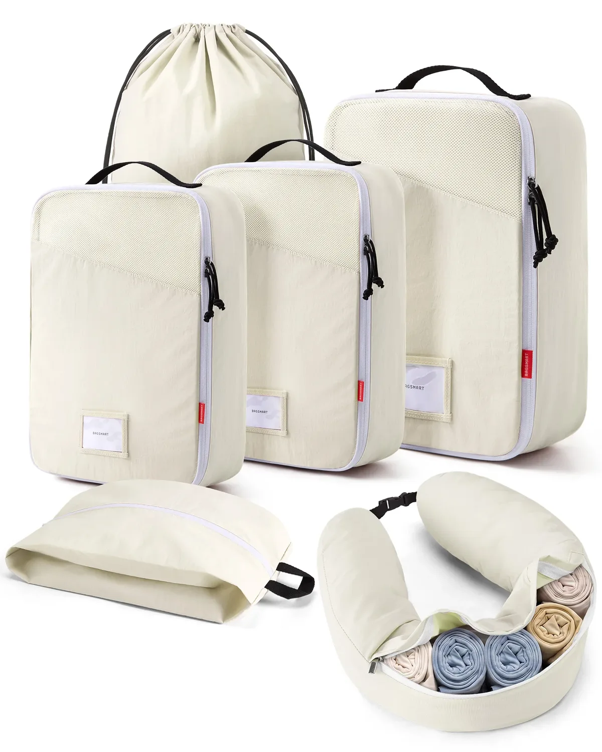 cubes de compression bagsmart avec oreiller de voyage, 6 pièces, sacs de rangement de voyage durables, résistants aux déchirures, en tissu lavable, avec fente pour carte