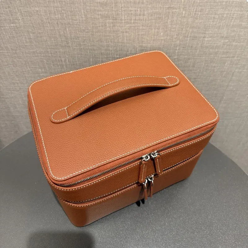 Trousse de maquillage grande capacité en cuir de vachette première couche, sac de maquillage multifonctionnel, sac à bijoux de voyage, sac de rangement