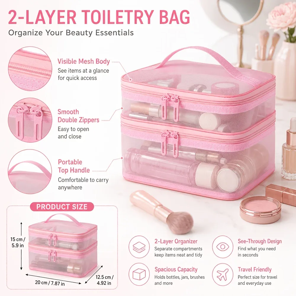 sac de rangement pour articles de toilette transparent à double couche et grande capacité, organisateur de cosmétiques portable avec compartiments