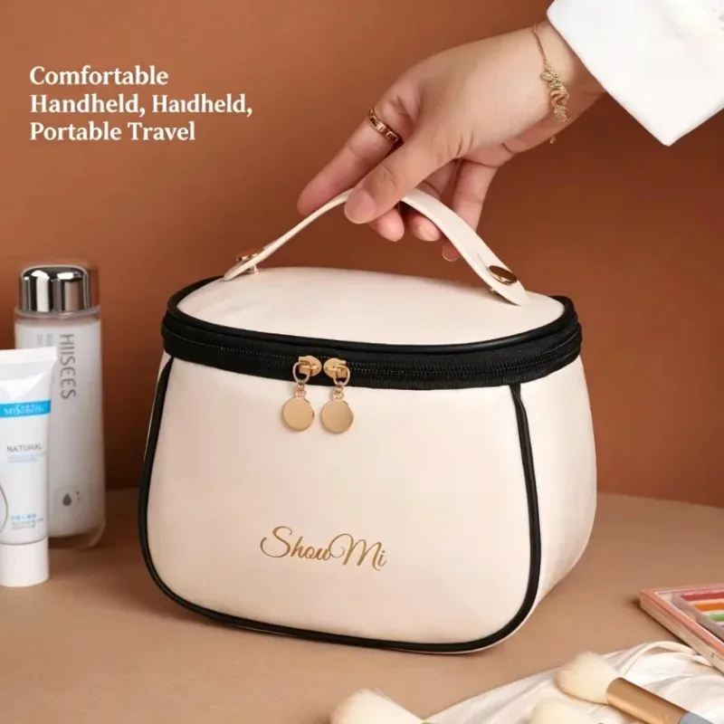 sac de maquillage de voyage de grande capacité, sac organisateur de cosmétiques portable en cuir pu, sac de toilette imperméable avec poignée, sac de rangement pour produits de soin de la peau