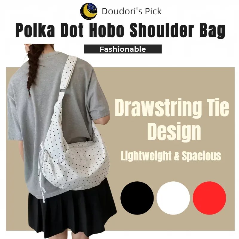 sac à bandoulière hobo de style coréen pour femmes, blanc, noir et rouge à pois, en nylon, avec sangle réglable, design à cordon de serrage, léger, grande capacité