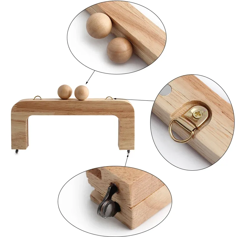 cadre de portefeuille d'embrayage en bois 20x8cm, 1 pièce/2 pièces, cadre en bois massif avec fermeture à vis, boucle baiser, poignée de sac à bandoulière