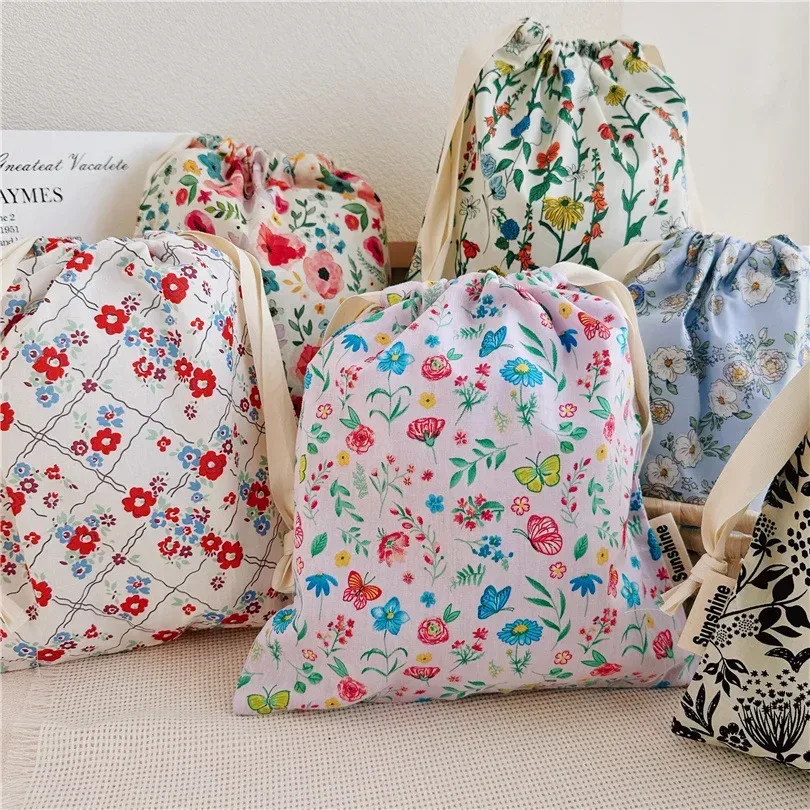 organisateur portable pour sous-vêtements chaussettes soutien-gorge coton sac de maquillage voyage sacs à cordon ins fleur impression vêtements sacs à cosmétiques 2024