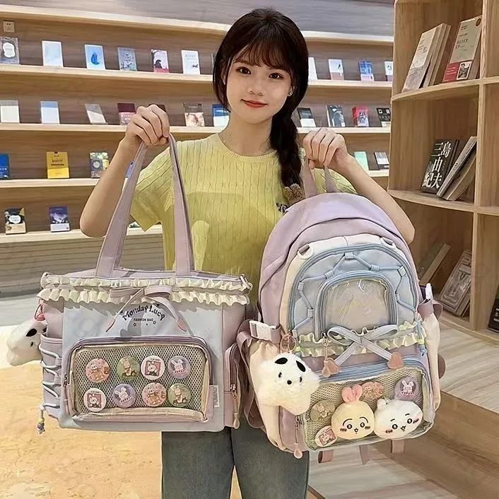 sac à dos ita bag kawaii, sac à bandoulière, ensemble de deux pièces, sac à dos scolaire pour badges et épingles d'anime, sacs à dos transparents pour étudiants
