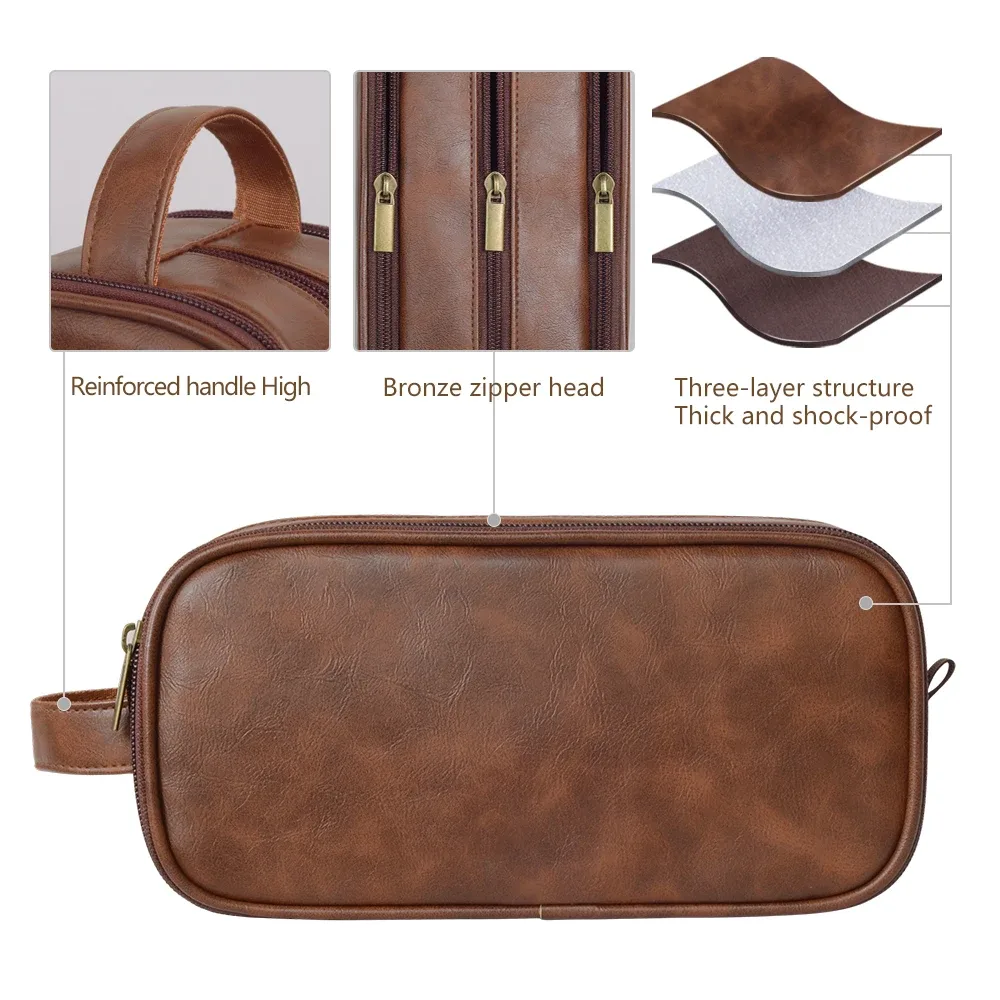 trousse de toilette de voyage pour hommes en cuir résistante à l'eau avec poignée, organisateur polyvalent pou