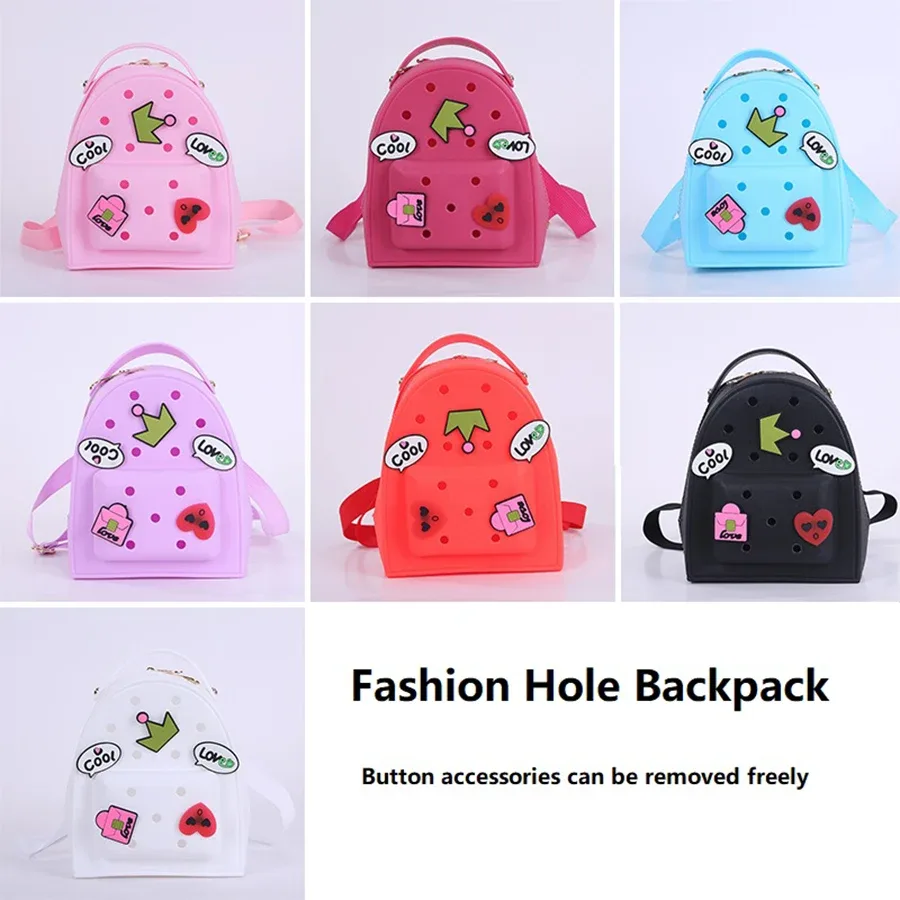 Sac à bandoulière en gelée couleur bonbon pour filles, sac de voyage, sac de shopping décontracté, sac à dos créatif pour enfants, sac à dos DIY à trous pour dessins animés
